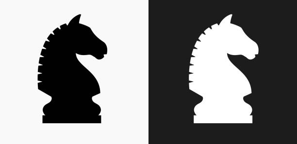 illustrazioni stock, clip art, cartoni animati e icone di tendenza di icona cavaliere degli scacchi su sfondi vettoriali in bianco e nero - chess