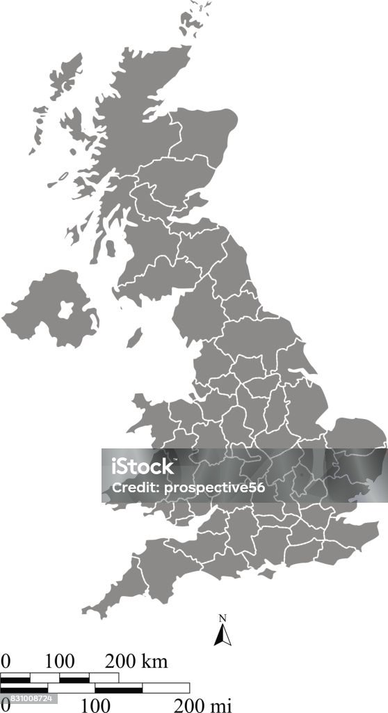 UK map vector outline illustration with mileage and kilometer scales and states or counties borders A gray background of United Kingdom map vector outline illustration with miles and kilometer scales and states or counties borders. This vector map of UK has been accurately made by a graphic designer who has a postgraduate degree in GIS and remote sensing. You can use this map to show your study site of a project. Map stock vector