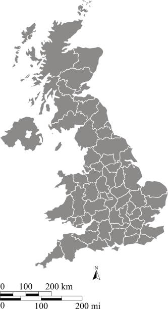 UK map vector outline illustration with mileage and kilometer scales and states or counties borders A gray background of United Kingdom map vector outline illustration with miles and kilometer scales and states or counties borders. This vector map of UK has been accurately made by a graphic designer who has a postgraduate degree in GIS and remote sensing. You can use this map to show your study site of a project. nottinghamshire stock illustrations