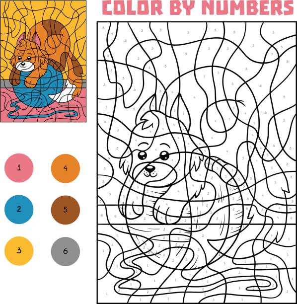 illustrazioni stock, clip art, cartoni animati e icone di tendenza di colore per numero per bambini, cat - yarn ball