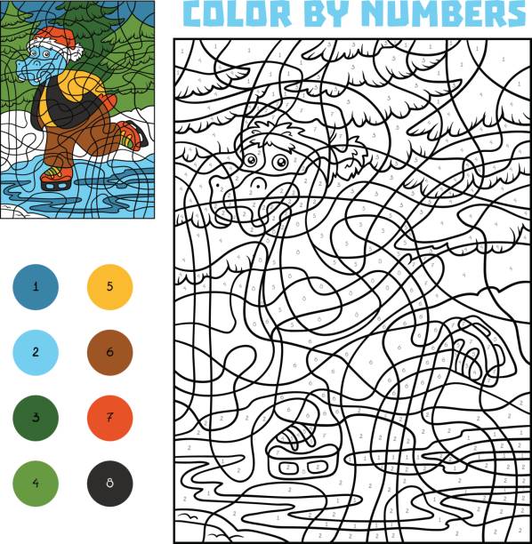 Color by number for children, Hippo on skates Color by number, education game for children, Hippo on skates boise river stock illustrations