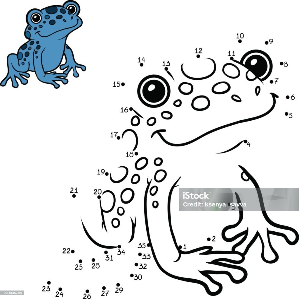 Numbers game, Blue poison dart frog Numbers game, education dot to dot game for children, Blue poison dart frog Connect the Dots stock vector