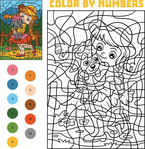 ilustraciones, imágenes clip art, dibujos animados e iconos de stock de número de colores para niños, niña y ovejas - 5415