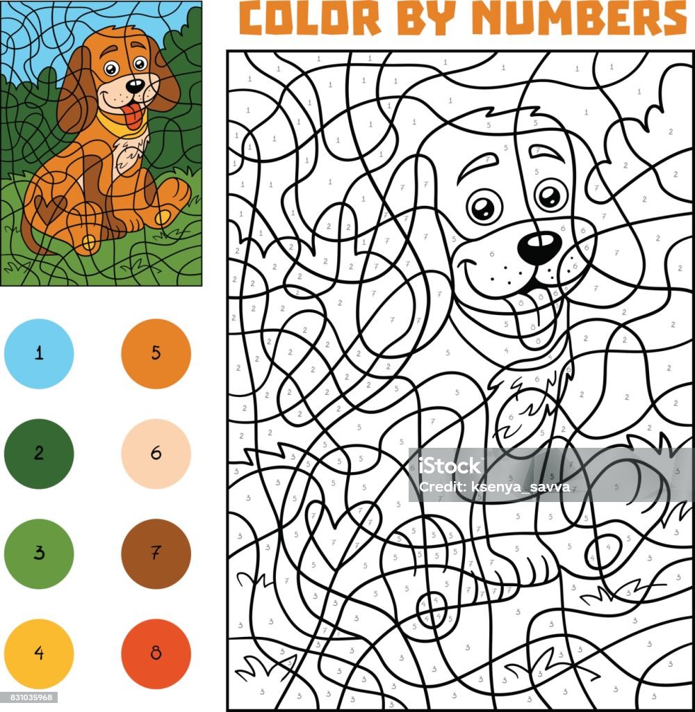 Color by number for children, Dog Color by number, education game for children, Dog Number stock vector
