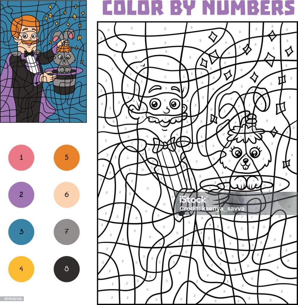 Color by number for children, Illusionist Color by number, education game for children, Illusionist Coloring stock vector