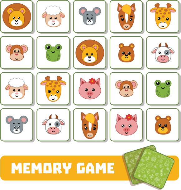 Memory game for children, cards with animals Memory game for children, cards with cute animals farm cartoon animal child stock illustrations