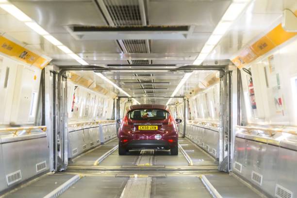 Channel tunnel, United Kingdom - June 4, 2017: Channel Tunnel crossing between France and  England. Cars boarding the High speed eurostar trains for the Channel Tunnel crossing between France and  England Eurostar stock pictures, royalty-free photos & images