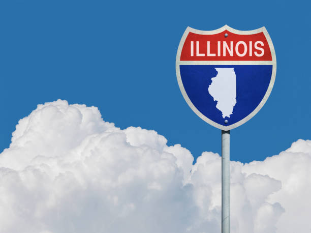 istock Highway sign for Interstate road Illinois with clouds 831046406
