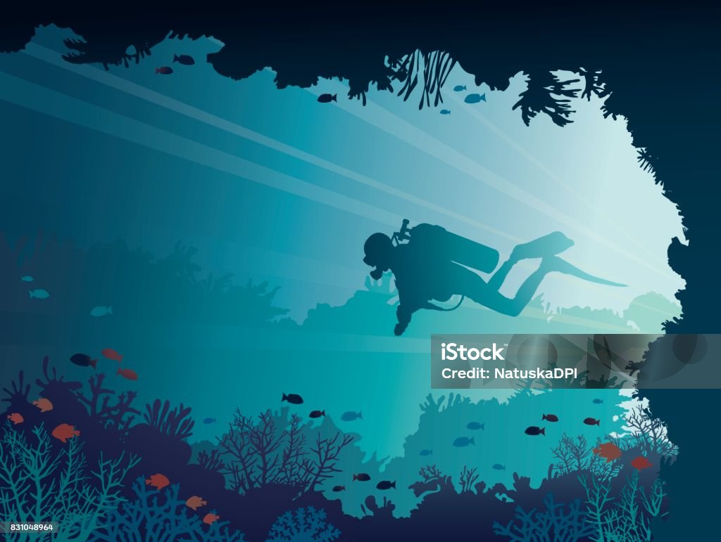 Mer, coraux, grotte sous-marine, Scuba diver - clipart vectoriel de Plonger dans l'eau libre de droits