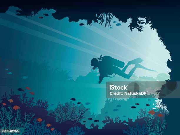 Mer Coraux Grotte Sousmarine Scuba Diver Vecteurs libres de droits et plus d'images vectorielles de Plonger dans l'eau - Plonger dans l'eau, Plongée sous-marine, Plongée sous-marine autonome