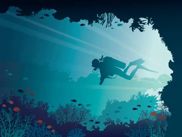 Vector illustration of Scuba diver, underwater cave, corals, sea