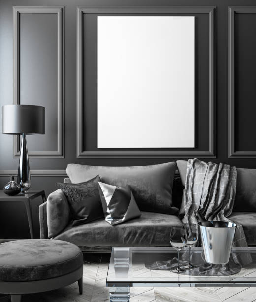 Classic black interior mock up with sofa, glass table, ottoman, pillows, plaid, lamp, vase. 3d render illustration.