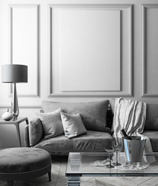 istock Classic white interior mock up with sofa, glass table, ottoman, pillows, plaid, lamp, vase. 3d render illustration. 831049744