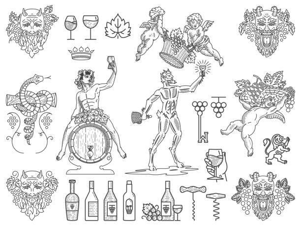 винные значки и значки расслоение черный на белом - бог иллюстрации stock illustrations
