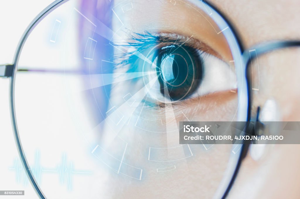 Augmented reality glasses futuristic, augmented reality, AR, eye, woman Eyeglasses Stock Photo