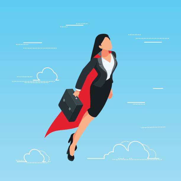 ilustraciones, imágenes clip art, dibujos animados e iconos de stock de mujer de negocios iisometric vuela en el cielo como un superhéroe. - superhero flying heroes business