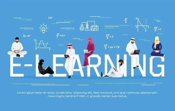 Vector illustration of E-learning concept. Young Muslim people with tablet pc and laptops.