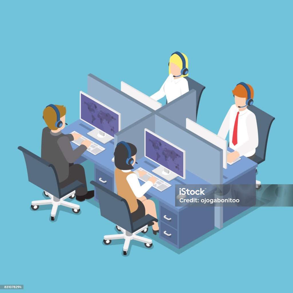 Isometric Business People Working with Headset in a Call Center and Service. Flat 3d Isometric Business People Working with Headset in a Call Center and Service. Customer Service and Technical Support Concept. Isometric Projection stock vector