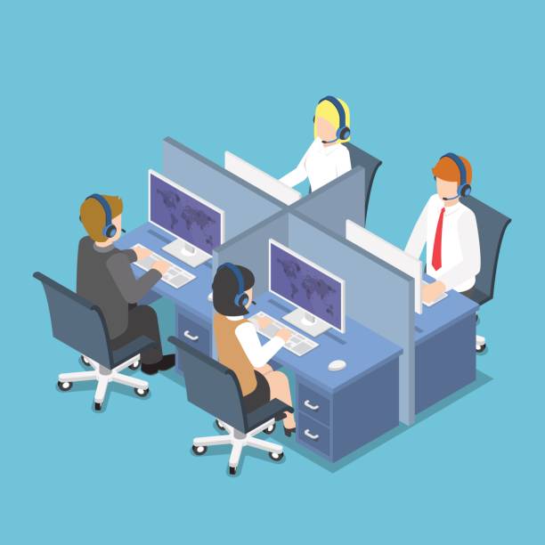 Isometric Business People Working with Headset in a Call Center and Service. Flat 3d Isometric Business People Working with Headset in a Call Center and Service. Customer Service and Technical Support Concept. office cubicle stock illustrations
