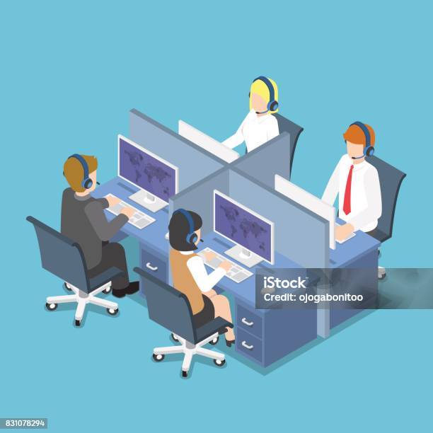 Isometric Business People Working With Headset In A Call Center And Service Stock Illustration - Download Image Now