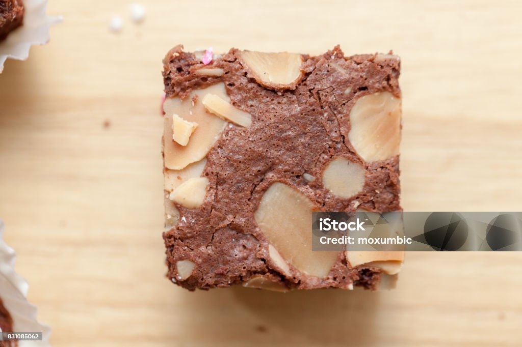 close up of of brownie cake on wooden plate Bakery Stock Photo