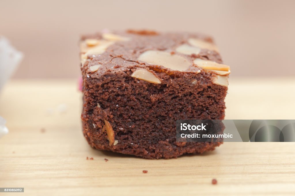 close up of of brownie cake on wooden plate Bakery Stock Photo