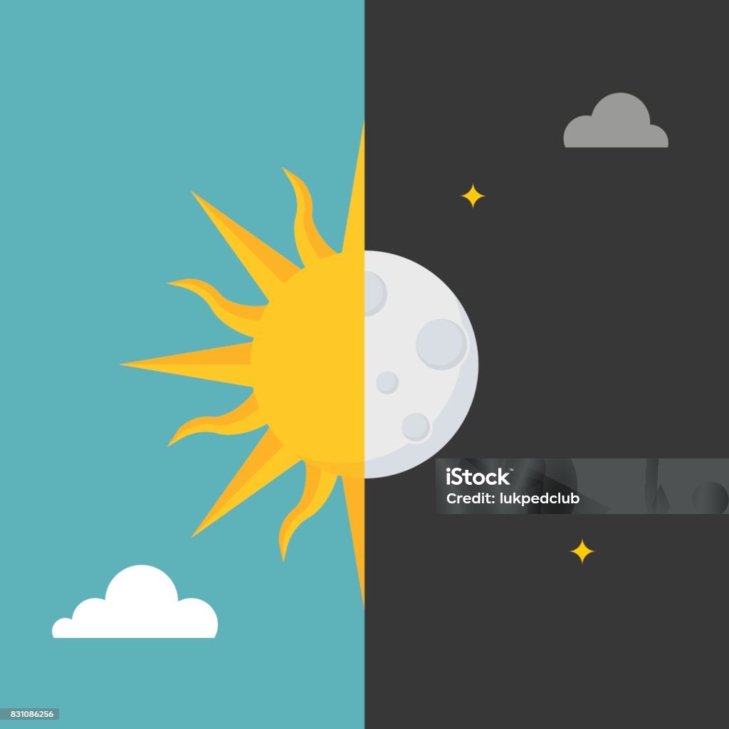 Sonne und Mond-Symbol auf Tag und Nacht Hintergrund für den Einsatz in Wettervorhersage oder Symbol, flaches Design Vektor - Lizenzfrei Mond Vektorgrafik