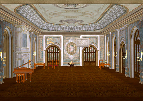 3D illustration of a beautiful fairytale ballroom with a piano, a fireplace, candles, tables and chairs