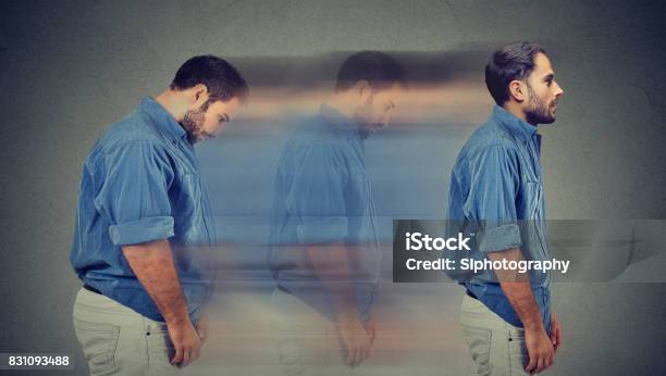 Side Profile Of A Young Chubby Man Transformation Into A Slim Person Stock Photo - Download Image Now