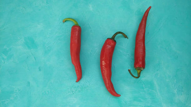 red hot chili peppers on teal background - pepper chili pepper frame food imagens e fotografias de stock