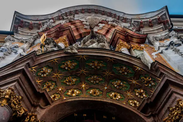 Detail of the marble facade of the baroque Asamkirche church historical building in downtown Munich, Bavaria, Germany