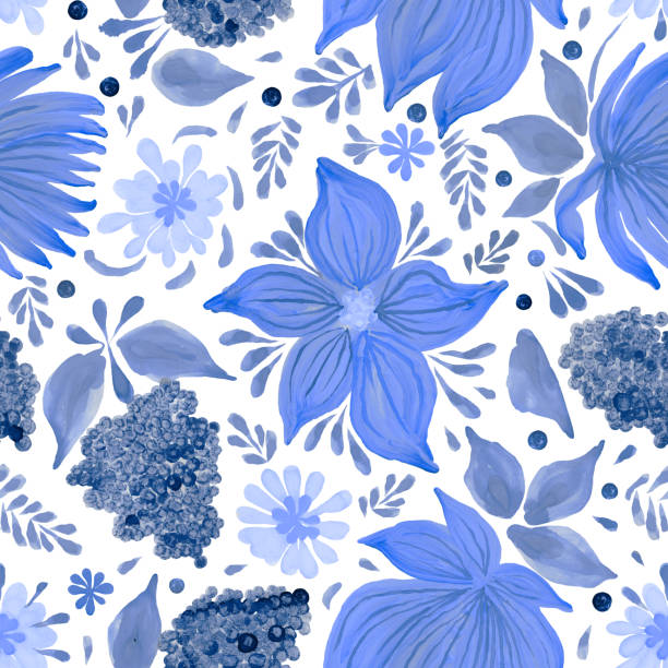 ウクライナの民俗絵画のスタイル petrykivka で抽象的な花柄シームレス パターン。手描きのファンタジーな青い花、葉、白い背景の上の枝。バティック、ページ入力、アルバム カバー、ポス� - multi colored floral pattern acrylic painting purple点のイラスト素材／クリップアート素材／マンガ素材／アイコン素材