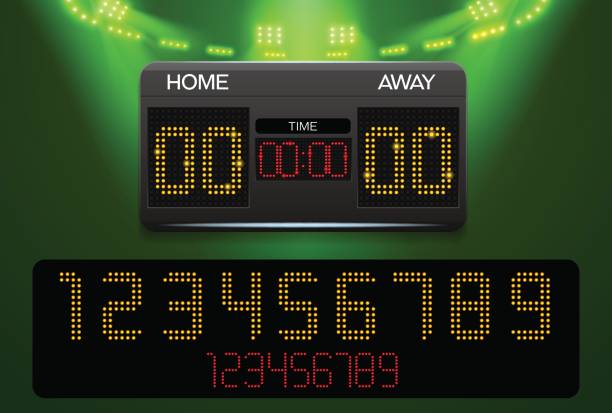 anzeiger und strahler mit stadion-hintergrund - goal scoreboard soccer soccer ball stock-grafiken, -clipart, -cartoons und -symbole