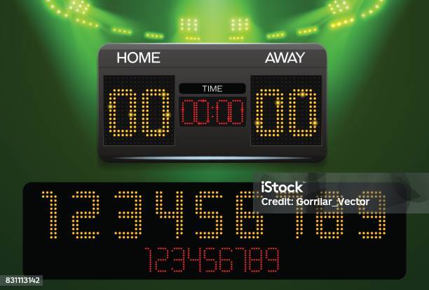 Scoreboard And Spotlight With Stadium Background Stock Illustration - Download Image Now - Scoreboard, Soccer, Basketball - Sport
