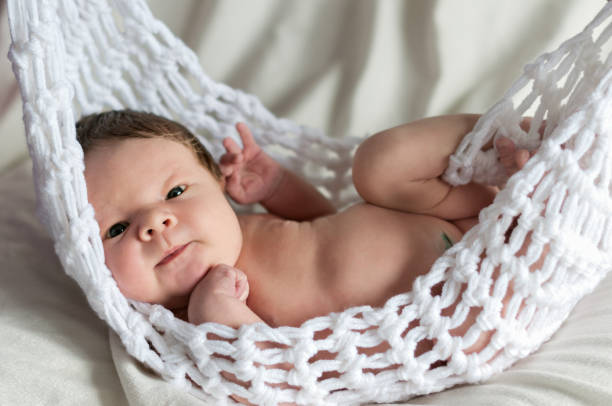 istock Two weeks old baby boy  is lying in the hammock 831117132