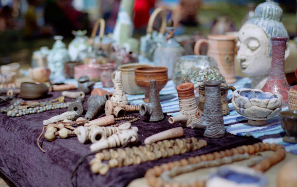 istock Different handmade clay things selling on fair. Shot on film 831125334