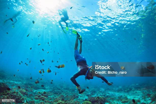 Young Man In Snorkelling Mask Dive Underwater Stock Photo - Download Image Now - Snorkeling, Snorkel, Underwater Diving