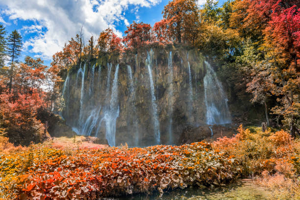 istock Waterfall in autumn forest at National Park Plitvice Lakes 831127776