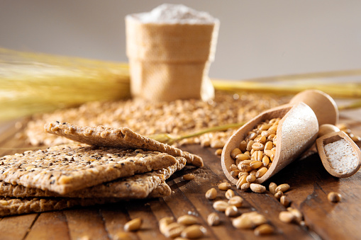 Fiber Rich Food with wheat and grains on wooden table