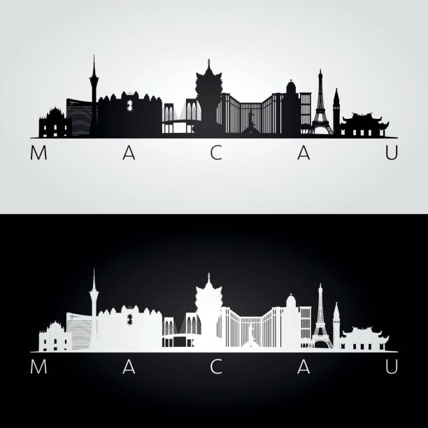 illustrations, cliparts, dessins animés et icônes de macao skyline et repères silhouette, noir et blanc design, illustration vectorielle. - architecture asia building exterior macao