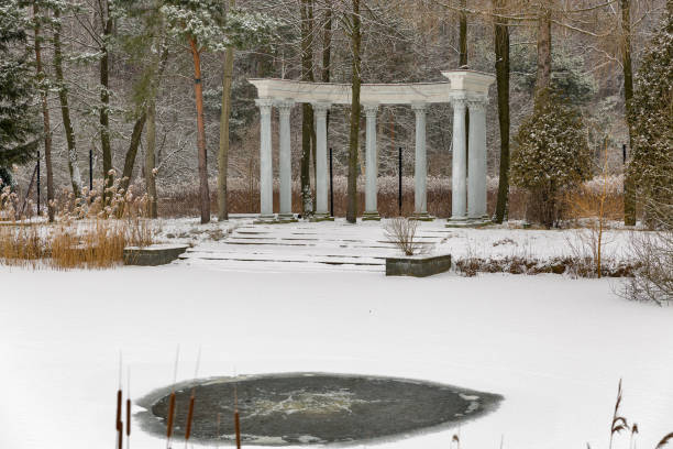 pavilhão com colunas e inverno lago no parque - forest colonnade tree old fashioned - fotografias e filmes do acervo