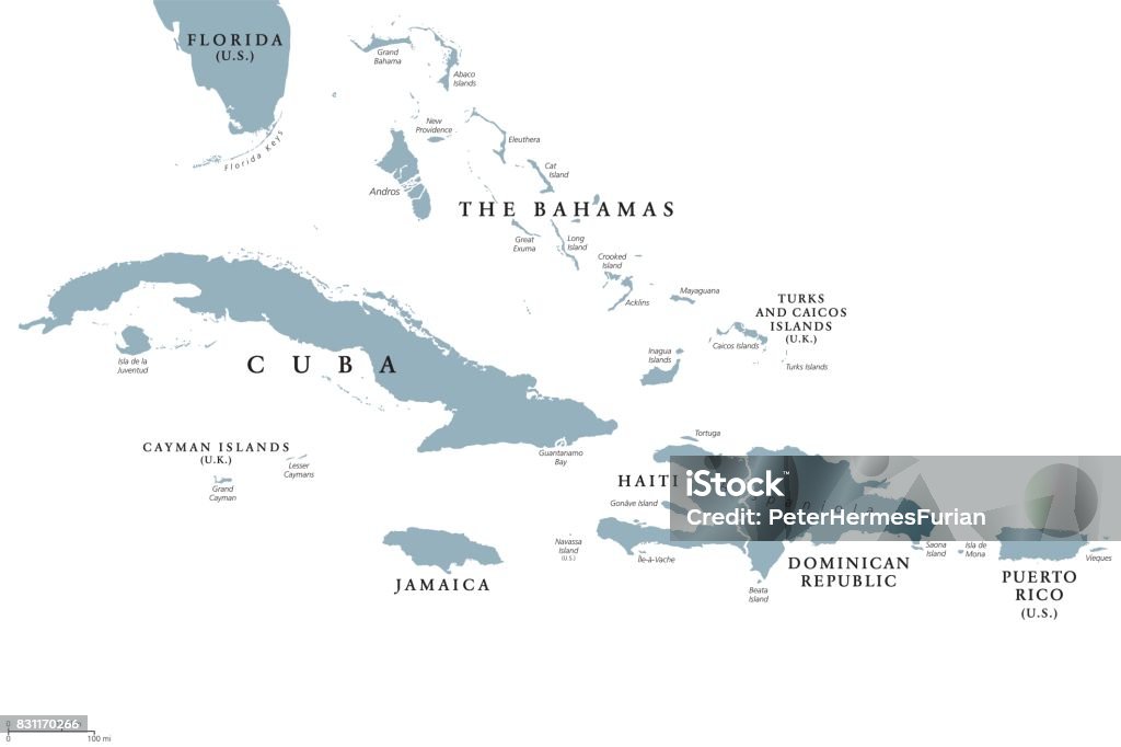 Greater Antilles political map Greater Antilles political map with English labeling. Grouping of the larger islands in the Caribbean Sea with Cuba, Hispaniola, Puerto Rico, Jamaica and the Cayman Islands. Gray illustration. Vector. Map stock vector