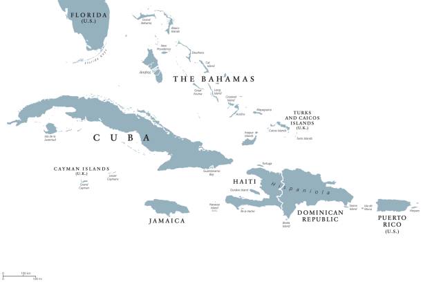 Greater Antilles political map Greater Antilles political map with English labeling. Grouping of the larger islands in the Caribbean Sea with Cuba, Hispaniola, Puerto Rico, Jamaica and the Cayman Islands. Gray illustration. Vector. caribbean stock illustrations