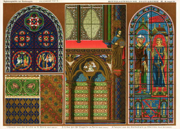 stained glass windows in Basilica of St. Denis, Sainte-Chapelle and Cathedral of Chartres Lithograph of stained glass windows in Basilica of St. Denis and Sainte-Chapelle in Paris, and Cathedral of Chartres, France."rPublisher: 1888 Springer, Anton, History of Art Picture Sheets, concise edition (new, completely reworked, systematically ordered edition) "u2013 Atlas of the basics of art history from antiquity to the end of the 18th century. Part 2 - color plate 10, E A Seemann, Leipzig."rLithographer: Anst. V. J. G. Fritzsche, Leipzig"rDigitizer: Nancy Nehring sainte chapelle stock illustrations