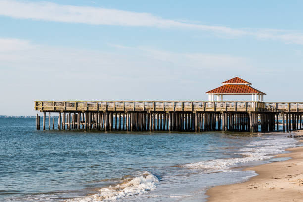 Public Viewing Pier at Buckroe Beach in Hampton, VA The public viewing pier at Buckroe Beach in Hampton, Virginia allows non-fisherman to enjoy the ocean view or relax in the gazebo. hampton virginia photos stock pictures, royalty-free photos & images