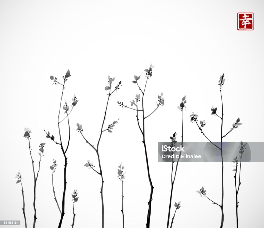 Branches d’arbres noirs avec des feuilles fraîches sur fond blanc. Traditionnel oriental encre peinture sumi-e, u-sin, go-hua. Contient le hiéroglyphe - bonheur. - clipart vectoriel de Aquarelle libre de droits
