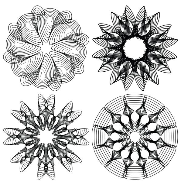 okrąg koronki wzory, elementy konstrukcyjne w kolorze czarnym kontur, wspaniały symetryczny geometryczny gilosz - lace guilloche decoration circle stock illustrations