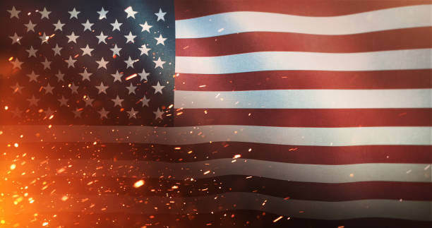 flag of the united states of america - crisis / war / fire - bomb symbol explosive sparks imagens e fotografias de stock