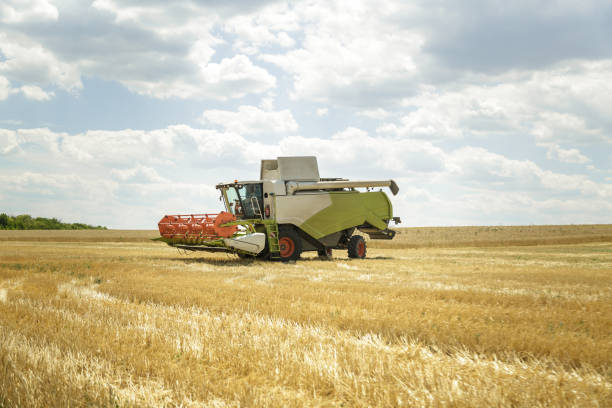 istock Working combine harvester in a wheat field. Agricultural background. 831190428