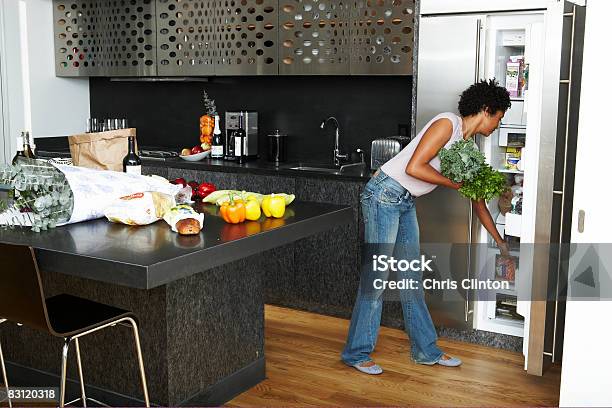 Woman Unpacking Groceries In Modern Kitchen Stock Photo - Download Image Now - Refrigerator, Groceries, Domestic Life